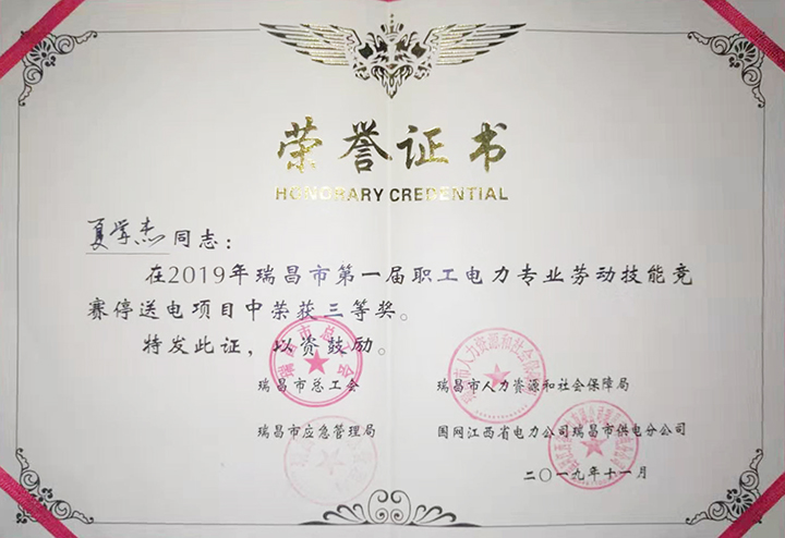 電力專(zhuān)業(yè)勞動(dòng)技能競(jìng)賽“個(gè)人三等獎(jiǎng)”（江西亞?wèn)|）