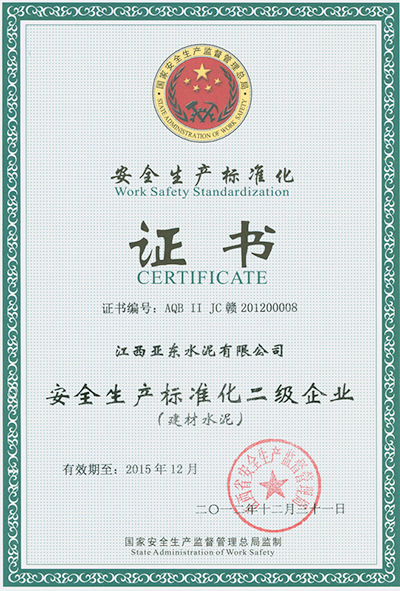 安全生產(chǎn)標(biāo)準(zhǔn)化二級(jí)企業(yè)(江西亞?wèn)|) 安全生產(chǎn)標(biāo)準(zhǔn)化二級(jí)企業(yè)(江西亞?wèn)|)